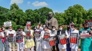 Members of various political parties stage a protest, demanding the clearance of states' GST dues, Parliament House, September 17, 2020(PTI) Members of various political parties stage a protest, demanding the clearance of states' GST dues, Parliament House, September 17, 2020(PTI)