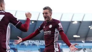 Soccer Football - Premier League - Manchester City v Leicester City - Etihad Stadium, Manchester, Britain - September 27, 2020 Leicester City's Jamie Vardy celebrates scoring their second goal Pool via REUTERS/Catherine Ivill EDITORIAL USE ONLY. No use with unauthorized audio, video, data, fixture lists, club/league logos or 'live' services. Online in-match use limited to 75 images, no video emulation. No use in betting, games or single club /league/player publications. Please contact your account representative for further details. TPX IMAGES OF THE DAY(Pool via REUTERS) Soccer Football - Premier League - Manchester City v Leicester City - Etihad Stadium, Manchester, Britain - September 27, 2020 Leicester City's Jamie Vardy celebrates scoring their second goal Pool via REUTERS/Catherine Ivill EDITORIAL USE ONLY. No use with unauthorized audio, video, data, fixture lists, club/league logos or 'live' services. Online in-match use limited to 75 images, no video emulation. No use in betting, games or single club /league/player publications. Please contact your account representative for further details. TPX IMAGES OF THE DAY(Pool via REUTERS)