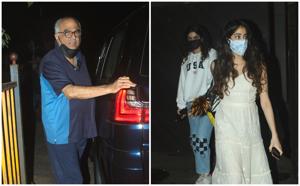 Boney Kapoor was joined by daughters Janhvi and Khushi Kapoor for Nirmal Kapoor’s birthday celebrations.(Varinder Chawla) Boney Kapoor was joined by daughters Janhvi and Khushi Kapoor for Nirmal Kapoor’s birthday celebrations.(Varinder Chawla)