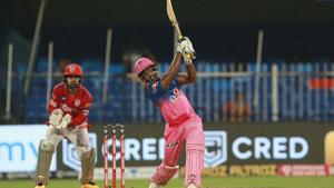 IPL 2020: Sanju Samson sends one into the empty stands.(IPL/Twitter) IPL 2020: Sanju Samson sends one into the empty stands.(IPL/Twitter)