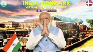 Prime Minister Narendra Modi greets during a virtual bilateral summit with his Danish counterpart Mette Frederiksen (unseen), in New Delhi on September 28, 2020.(ANI Photo) Prime Minister Narendra Modi greets during a virtual bilateral summit with his Danish counterpart Mette Frederiksen (unseen), in New Delhi on September 28, 2020.(ANI Photo)