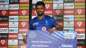Sanju Samson of Rajasthan Royals received man of the match award during match 9 of season 13 of the Indian Premier League (IPL).(Sportzpics for BCCI) Sanju Samson of Rajasthan Royals received man of the match award during match 9 of season 13 of the Indian Premier League (IPL).(Sportzpics for BCCI)