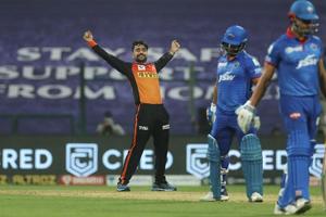 Sunrisers Hyderabad player Rashid Khan celebrates the wicket of Delhi Capitals batsman Rishabh Pant during the Indian Premier League 2020 cricket match, at Sheikh Zayed Stadium.(PTI) Sunrisers Hyderabad player Rashid Khan celebrates the wicket of Delhi Capitals batsman Rishabh Pant during the Indian Premier League 2020 cricket match, at Sheikh Zayed Stadium.(PTI)