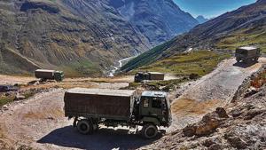An army convoy carrying military material on its way to Ladakh at Manali-Leh highway.(PTI File Photo) An army convoy carrying military material on its way to Ladakh at Manali-Leh highway.(PTI File Photo)