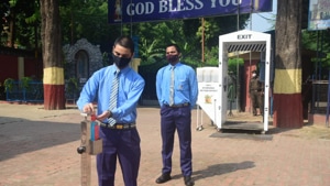 Sanitiser dispensers and sanitisation tunnel installed at the gates of St Joseph’s College in Prayagraj. (HT) Sanitiser dispensers and sanitisation tunnel installed at the gates of St Joseph’s College in Prayagraj. (HT)