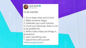In a tweet shared earlier today, Harsh Goenka detailed seven things to be happy. In a tweet shared earlier today, Harsh Goenka detailed seven things to be happy.