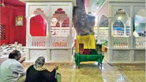 The two parts of the shrine are distinguished by two colours—green for Hare Bhare Shah and red for Sarmad Shahid.(HT Photo) The two parts of the shrine are distinguished by two colours—green for Hare Bhare Shah and red for Sarmad Shahid.(HT Photo)