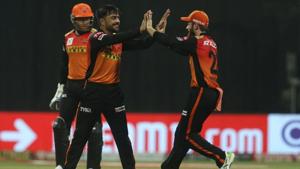 IPL 2020: Rashid Khan celebrates a wicket with Kane Williamson(IPL/Twitter) IPL 2020: Rashid Khan celebrates a wicket with Kane Williamson(IPL/Twitter)