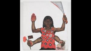Sutapa Biswas (b. 1962): Housewives with Steak-Knives. Oil, acrylics, pencil, collage, white tape on paper on canvas, 1985. The British artist overlays elements of the goddess with images of a contemporary Indian woman. She can plate a steak, wield a blade; this is not the ma of popular culture, but Ma Kali. (Courtesy Sutapa Biswas / DACS 2019) Sutapa Biswas (b. 1962): Housewives with Steak-Knives. Oil, acrylics, pencil, collage, white tape on paper on canvas, 1985. The British artist overlays elements of the goddess with images of a contemporary Indian woman. She can plate a steak, wield a blade; this is not the ma of popular culture, but Ma Kali. (Courtesy Sutapa Biswas / DACS 2019)