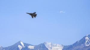 An Indian Air Force fighter jet flies in the Ladakh region amid the prolonged India-China face off, in Leh district on Wednesday.(PTI) An Indian Air Force fighter jet flies in the Ladakh region amid the prolonged India-China face off, in Leh district on Wednesday.(PTI)