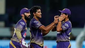 Dubai: Kolkata Knight Riders player Shivam Mavi celebrates the wicket of Rajasthan Royals batsman Jos Buttler during the Indian Premier League 2020 cricket match, at Dubai International Cricket Stadium, Dubai, Wednesday, Sept. 30, 2020.(PTI) Dubai: Kolkata Knight Riders player Shivam Mavi celebrates the wicket of Rajasthan Royals batsman Jos Buttler during the Indian Premier League 2020 cricket match, at Dubai International Cricket Stadium, Dubai, Wednesday, Sept. 30, 2020.(PTI)