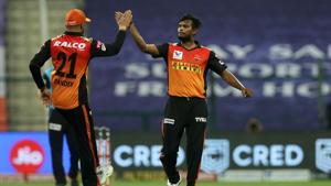 IPL 2020: T Natarajan celebrates a wicket.(IPL/Twitter) IPL 2020: T Natarajan celebrates a wicket.(IPL/Twitter)