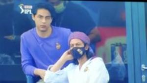 Shah Rukh Khan watches the KKR vs RR IPL match with son Aryan. Shah Rukh Khan watches the KKR vs RR IPL match with son Aryan.