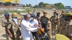 A 29-second clip tweeted by ANI showed a woman leader of the party being physically turned away by a person in plains clothes as O’ Brien comes into the frame.(Hindustan Photo) A 29-second clip tweeted by ANI showed a woman leader of the party being physically turned away by a person in plains clothes as O’ Brien comes into the frame.(Hindustan Photo)