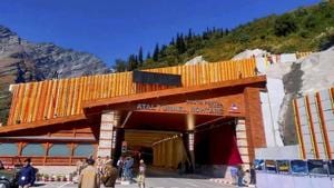 Security personnel stand guard outside Atal tunnel on Manali-Leh national highway.(PTI) Security personnel stand guard outside Atal tunnel on Manali-Leh national highway.(PTI)