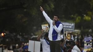 Bhim Army chief Chandrashekhar Azad addresses protesters at the citizens’ protest to demand justice for Hathras Dalit victim, at Jantar Mantar, in New Delhi.(Biplov Bhuyan/Hindustan Times) Bhim Army chief Chandrashekhar Azad addresses protesters at the citizens’ protest to demand justice for Hathras Dalit victim, at Jantar Mantar, in New Delhi.(Biplov Bhuyan/Hindustan Times)