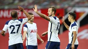 Tottenham's Harry Kane, center, celebrates after scoring his side's sixth goal during the English Premier League soccer match between Manchester United and Tottenham Hotspur at Old Trafford in Manchester, England, Sunday, Oct. 4, 2020.(AP) Tottenham's Harry Kane, center, celebrates after scoring his side's sixth goal during the English Premier League soccer match between Manchester United and Tottenham Hotspur at Old Trafford in Manchester, England, Sunday, Oct. 4, 2020.(AP)