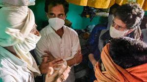 Congress leaders Priyanka Gandhi Vadra and Rahul Gandhi meet the family members in Hathras.(PTI) Congress leaders Priyanka Gandhi Vadra and Rahul Gandhi meet the family members in Hathras.(PTI)