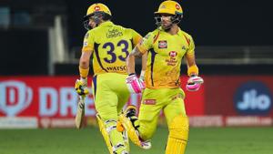 Chennai Super Kings players Faf du Plessis and Shane Watson during IPL 2020 cricket match against Kings XI Punjab, at Dubai, United Arab Emirates, Sunday, Oct. 4, 2020.(PTI) Chennai Super Kings players Faf du Plessis and Shane Watson during IPL 2020 cricket match against Kings XI Punjab, at Dubai, United Arab Emirates, Sunday, Oct. 4, 2020.(PTI)
