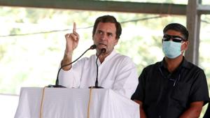 Former Congress president Rahul Gandhi speaks on stage during the Kisan Bachao rally at Badhni Kalan in Moga near Bathinda Punjab on Sunday, October 4. (Photo by Sanjeev Kumar/Hindustan Times) Former Congress president Rahul Gandhi speaks on stage during the Kisan Bachao rally at Badhni Kalan in Moga near Bathinda Punjab on Sunday, October 4. (Photo by Sanjeev Kumar/Hindustan Times)