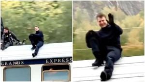 Tom Cruise on top of a train in Norway. Tom Cruise on top of a train in Norway.