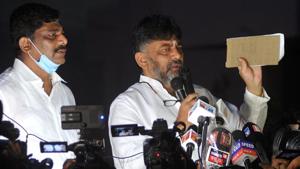 Karnataka Congress president DK Shivakumar with his brother and Congress MP DK Suresh.(ANI) Karnataka Congress president DK Shivakumar with his brother and Congress MP DK Suresh.(ANI)