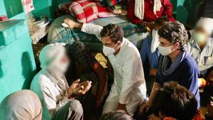 Congress leaders Priyanka Gandhi Vadra and Rahul Gandhi meet the family members of a 19-year-old Dalit woman who died after being allegedly raped two weeks ago in Hathras, Saturday.(PTI) Congress leaders Priyanka Gandhi Vadra and Rahul Gandhi meet the family members of a 19-year-old Dalit woman who died after being allegedly raped two weeks ago in Hathras, Saturday.(PTI)