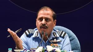 Indian Air Force (IAF) chief Rakesh Kumar Singh Bhadauria addresses a press conference, in New Delhi, Monday, Oct. 5, 2020.(PTI) Indian Air Force (IAF) chief Rakesh Kumar Singh Bhadauria addresses a press conference, in New Delhi, Monday, Oct. 5, 2020.(PTI)