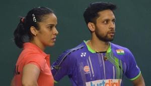Badminton player Saina Nehwal with her husband and shuttler P. Kashyap before her quarterfinal match at the 83rd Senior National Badminton Championship in Guwahati, Thursday.(PTI)