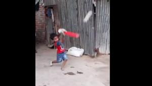 The image shows the boy hitting a shot.(Twitter/@cricketaakash)