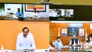 Telangana chief minister K Chandrasekhar Rao made it clear at the apex council meeting convened by Union Jal Shakti minister Gajendra Singh Shekawat through video conference in which Andhra Pradesh chief minister YS Jagan Mohan Reddy participated. (Photo@TelanganaCMO) Telangana chief minister K Chandrasekhar Rao made it clear at the apex council meeting convened by Union Jal Shakti minister Gajendra Singh Shekawat through video conference in which Andhra Pradesh chief minister YS Jagan Mohan Reddy participated. (Photo@TelanganaCMO)