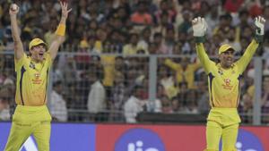 Chennai Super Kings' Mahendra Singh Dhoni, right, and Shane Watson appeal for a successful catch.(AP) Chennai Super Kings' Mahendra Singh Dhoni, right, and Shane Watson appeal for a successful catch.(AP)