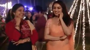 Renuka Shahane and Madhuri Dixit enjoying an impromptu dance on sets of Bucket List. Renuka Shahane and Madhuri Dixit enjoying an impromptu dance on sets of Bucket List.