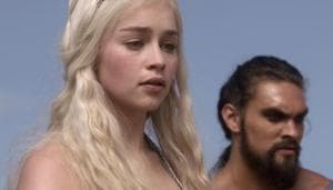 Emilia Clarke and Jason Momoa in a still from Game of Thrones. Emilia Clarke and Jason Momoa in a still from Game of Thrones.