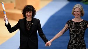 This file photo taken on October 23, 2015 shows French researcher in Microbiology, Genetics and Biochemistry Emmanuelle Charpentier (L) and US professor of Chemistry and of Molecular and Cell Biology, Jennifer Doudna on the stage after receiving the 2015 Princess of Asturias Award for Technical and Scientific Reseach from Spain's King Felipe during the Princess of Asturias awards ceremony at the Campoamor Theatre in Oviedo.(AFP) This file photo taken on October 23, 2015 shows French researcher in Microbiology, Genetics and Biochemistry Emmanuelle Charpentier (L) and US professor of Chemistry and of Molecular and Cell Biology, Jennifer Doudna on the stage after receiving the 2015 Princess of Asturias Award for Technical and Scientific Reseach from Spain's King Felipe during the Princess of Asturias awards ceremony at the Campoamor Theatre in Oviedo.(AFP)