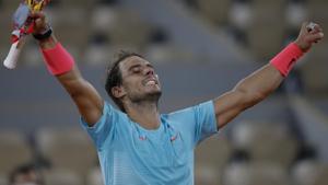 Rafael Nadal celebrates winning his quarterfinal match of the French Open tennis tournament against Italy's Jannik Sinner in three sets, 7-6 (7-4), 6-4, 6-1, at the Roland Garros stadium in Paris.(AP) Rafael Nadal celebrates winning his quarterfinal match of the French Open tennis tournament against Italy's Jannik Sinner in three sets, 7-6 (7-4), 6-4, 6-1, at the Roland Garros stadium in Paris.(AP)