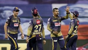 Kolkata Knight Riders player Sunil Narine celebrates the wicket of Mumbai Indians batsman Saurabh Tiwary with his teammates during IPL 2020 cricket match.(PTI) Kolkata Knight Riders player Sunil Narine celebrates the wicket of Mumbai Indians batsman Saurabh Tiwary with his teammates during IPL 2020 cricket match.(PTI)