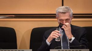 Filippo Grandi had addressed delegates from the podium in the UN Assembly Hall in Geneva on the first day of the event, but participated remotely on Tuesday.(AFP) Filippo Grandi had addressed delegates from the podium in the UN Assembly Hall in Geneva on the first day of the event, but participated remotely on Tuesday.(AFP)