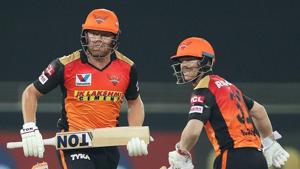 Dubai: Sunrisers Hyderabad batsmen David Warner and Jonny Bairstow run between the wickets during the Indian Premier League 2020 cricket match against Kings XI Punjab, at Dubai International Cricket Stadium, in Dubai, Thursday, Oct. 8, 2020.(PTI) Dubai: Sunrisers Hyderabad batsmen David Warner and Jonny Bairstow run between the wickets during the Indian Premier League 2020 cricket match against Kings XI Punjab, at Dubai International Cricket Stadium, in Dubai, Thursday, Oct. 8, 2020.(PTI)