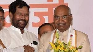 President of India Ram Nath Kovind is congratulated by Union ministers Ram Vilas Paswan on being elected as the 14th President of India, in New Delhi.(PTI) President of India Ram Nath Kovind is congratulated by Union ministers Ram Vilas Paswan on being elected as the 14th President of India, in New Delhi.(PTI)