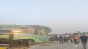 The bus was carrying 45 passengers, was on its way to Delhi from Kanpur.(ANI) The bus was carrying 45 passengers, was on its way to Delhi from Kanpur.(ANI)
