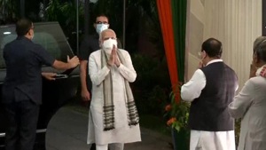 The meeting at the BJP headquarters is being attended by Prime Minister Narendra Modi and Union home minister Amit Shah.(ANI/Twitter) The meeting at the BJP headquarters is being attended by Prime Minister Narendra Modi and Union home minister Amit Shah.(ANI/Twitter)