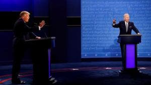 US President Donald Trump and Democratic presidential nominee Joe Biden participate in their first 2020 presidential campaign debate held on the campus of the Cleveland Clinic at Case Western Reserve University in Cleveland, Ohio.(REUTERS)