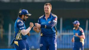 Sharjah: Mumbai Indians player James Pattinson celebrates after taking the wicket of Sunrisers Hyderabad player Manish Pandey during IPL 2020 cricket match, at Sharjah Cricket Stadium in Sharjah, United Arab Emirates, Sunday, Oct. 4, 2020.(PTI) Sharjah: Mumbai Indians player James Pattinson celebrates after taking the wicket of Sunrisers Hyderabad player Manish Pandey during IPL 2020 cricket match, at Sharjah Cricket Stadium in Sharjah, United Arab Emirates, Sunday, Oct. 4, 2020.(PTI)
