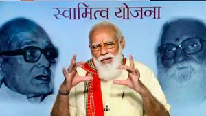 Prime Minister Narendra Modi during the launch of the physical distribution of property cards under the 'SVAMITVA' (ownership) scheme, via video conferencing, in New Delhi on Sunday.(PTI) Prime Minister Narendra Modi during the launch of the physical distribution of property cards under the 'SVAMITVA' (ownership) scheme, via video conferencing, in New Delhi on Sunday.(PTI)