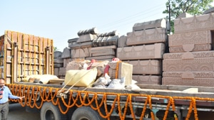 Carved stones for the Ram temple at Ayodhya being shifted from Sri Ram Janmabhoomi Nyas Karyashala to the Ram Janmabhoomisite by a truck.(Ravinder SinghHT PHOTO) Carved stones for the Ram temple at Ayodhya being shifted from Sri Ram Janmabhoomi Nyas Karyashala to the Ram Janmabhoomisite by a truck.(Ravinder SinghHT PHOTO)