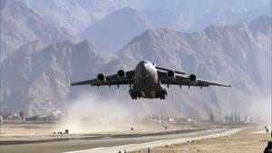 Indian Air Force's C-17 Globemaster transport aircraft is seen at Leh, on Saturday.(ANI) Indian Air Force's C-17 Globemaster transport aircraft is seen at Leh, on Saturday.(ANI)
