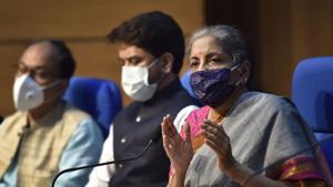 Union Finance Minister Nirmala Sitharaman addresses the media during a press conference at National Media Centre in New Delhi.(Ajay Aggarwal /HT PHOTO) Union Finance Minister Nirmala Sitharaman addresses the media during a press conference at National Media Centre in New Delhi.(Ajay Aggarwal /HT PHOTO)