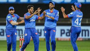 Tushar Deshpande of Delhi Capitals celebrates the wicket of Ben Stokes of Rajasthan Royals during the Indian Premier League (IPL) cricket match.(PTI) Tushar Deshpande of Delhi Capitals celebrates the wicket of Ben Stokes of Rajasthan Royals during the Indian Premier League (IPL) cricket match.(PTI)