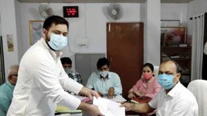 RJD leader and candidate from Raghopur constituency Tejashwi Yadav files his nomination papers for the upcoming Bihar Assembly elections, in Patna.(PTI) RJD leader and candidate from Raghopur constituency Tejashwi Yadav files his nomination papers for the upcoming Bihar Assembly elections, in Patna.(PTI)